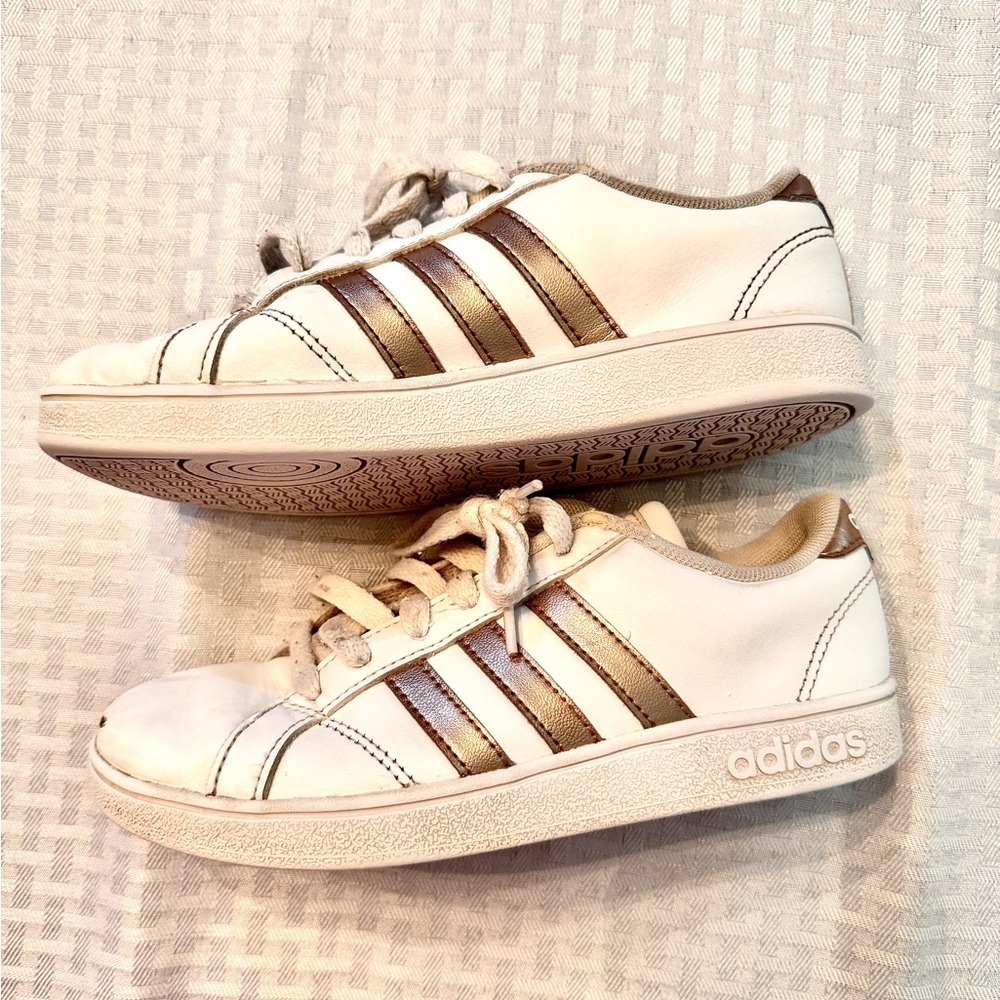 Adidas Neo Advantage Youth Sneakers Size 2.5 White Rose Gold Stripes Lace Up - Picture 4 of 9